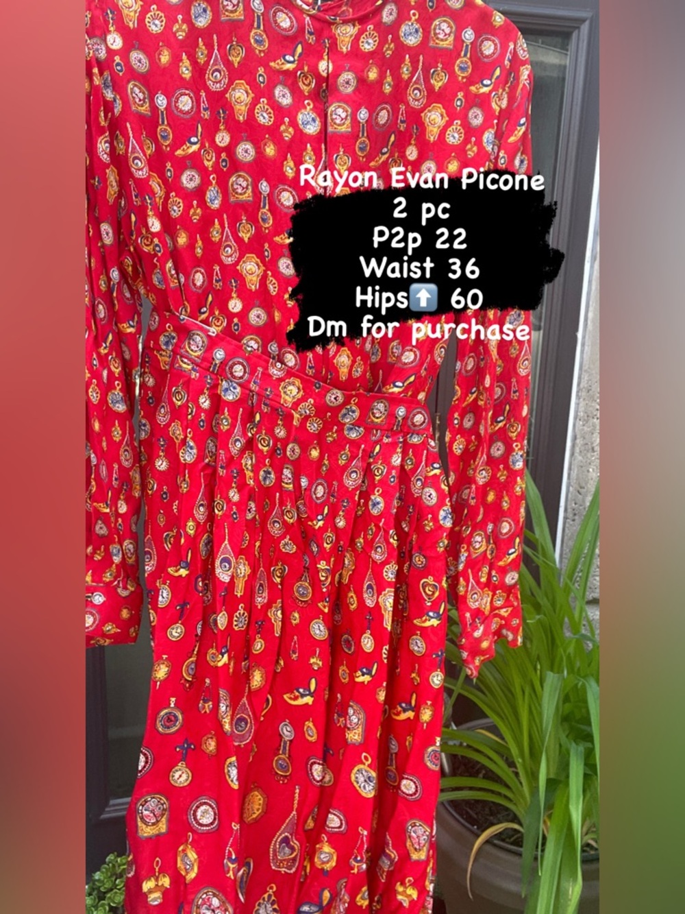 Evan Picone Red Rayon Printed Two-Piece Set with Multicolor Medallion Motif